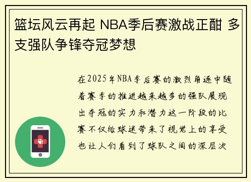 篮坛风云再起 NBA季后赛激战正酣 多支强队争锋夺冠梦想