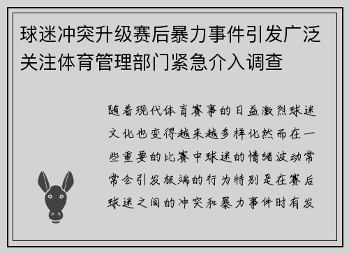球迷冲突升级赛后暴力事件引发广泛关注体育管理部门紧急介入调查