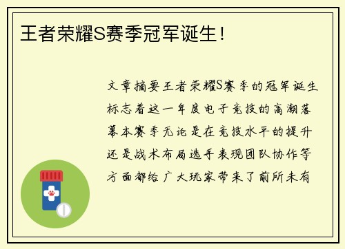 王者荣耀S赛季冠军诞生！